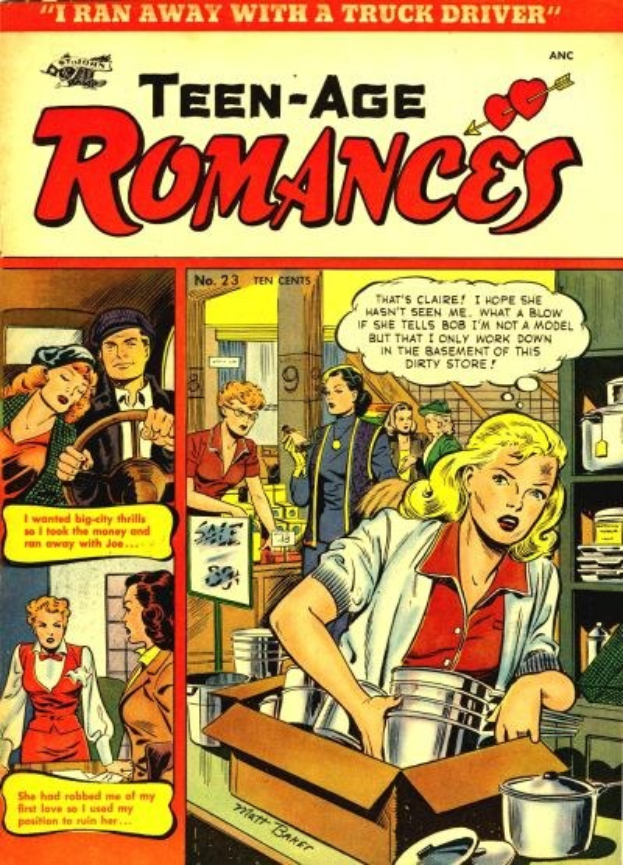 Ein buntes Plakat mit der Aufschrift 'Teen-Age Romances 23-A von DC', das eine Gruppe strahlender Menschen in einer romantischen Umarmung zeigt.