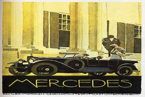 Vintage-Plakat aus den 1920er-Jahren von Mercedes-Benz mit einem klassischen Auto vor einem modernen Gl├Ąserturm mit zwei Personen im Auto und Text unten, der 'Mercedes-Benz' in fetter schwarzer Schrift lesen.