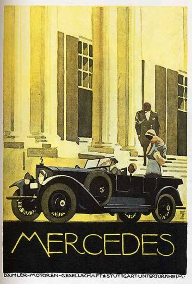 Vintage-Plakat aus den 1920er-Jahren von Mercedes-Benz mit einem klassischen Auto vor einem modernen Gl├Ąserturm mit zwei Personen im Auto und Text unten, der 'Mercedes-Benz' in fetter schwarzer Schrift lesen.