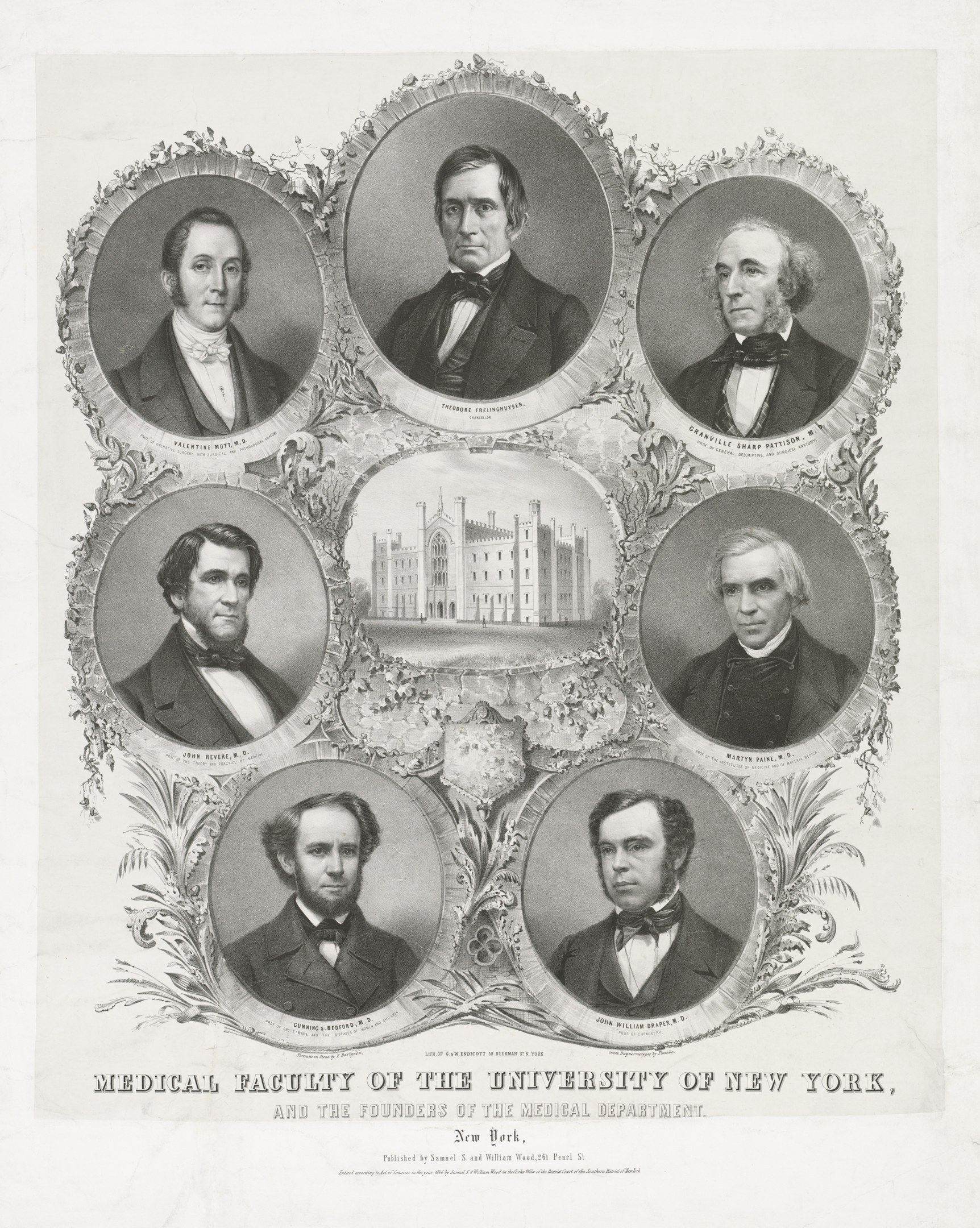 Schwarzes und weißes Foto von formell gekleideten Männern, die vor einem Gebäude stehen, mit Text unten, der sie als Medizinische Fakultät der Universität New York und die Gründer des Medizinischen Departments identifiziert.