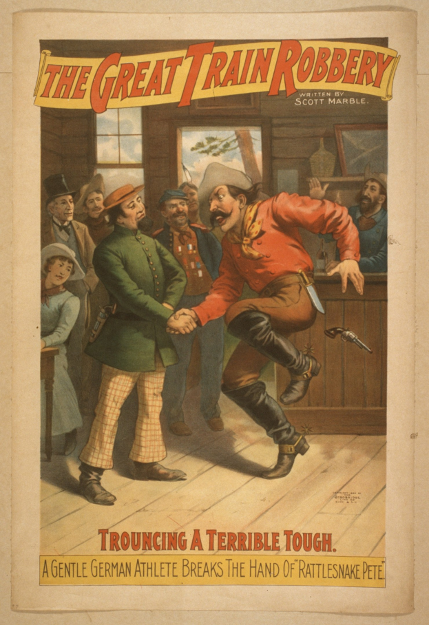 Plakat für "Die große Zugüberfall" zeigt eine Gruppe von Menschen, von denen einer eine Waffe hält, ein Fenster und eine Wand im Hintergrund und Text oben und unten.