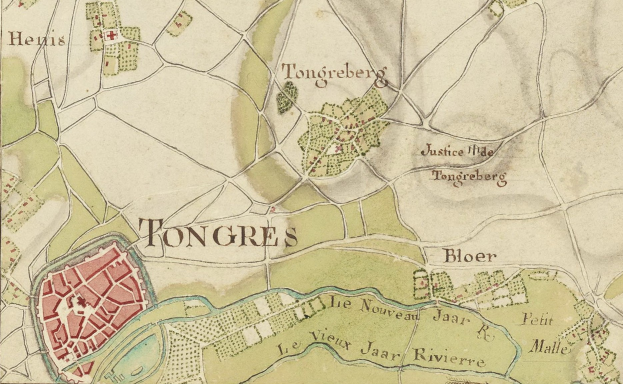 Detailiertes altes Stadtplan von Tongres mit Straßen, Gebäuden und Sehenswürdigkeiten mit Text.