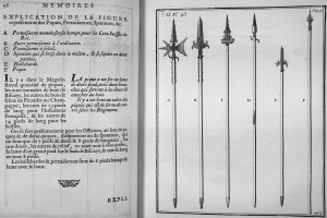 Offenes Buch zeigt eine symmetrische Anordnung von illustrierten Waffen - Schwerter in der Mitte, Speere und Schilde auf beiden Seiten - begleitet von fettgedrucktem Text innerhalb eines dekorativen Rahmens.