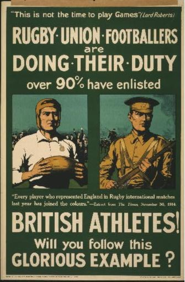 Plakat mit zwei Rugbyspielern in Uniform mit Text über britische Athleten, die sich melden und ihre Pflichten.