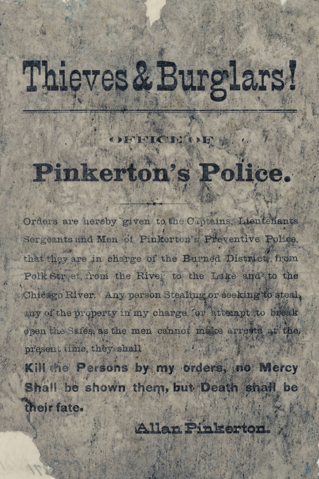 Ein Plakat mit fetter schwarzer Schrift, die den Text 'Diebe & Einbrecher Pinkertons Polizei' zeigt, mittig auf einem weißen Hintergrund, umrahmt von einem schmalen schwarzen Rand.