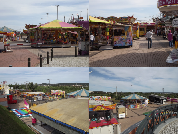 Eine lebendige Karnevalsszene mit verschiedenen Fahrgeschäften, Buden, Menschen, Pfählen und Lichtern vor einem Hintergrund aus Bäumen und einem bewölkten Himmel, mit einem Wasserzeichen.