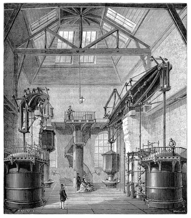 Schwarz-weiß-Industriedrawing eines großen Mostraums mit Maschinen, Menschen, Treppen, Geländern, Säulen, Fenstern, Lampen und einem Dach, beschriftet mit "Mosterei" unten.
