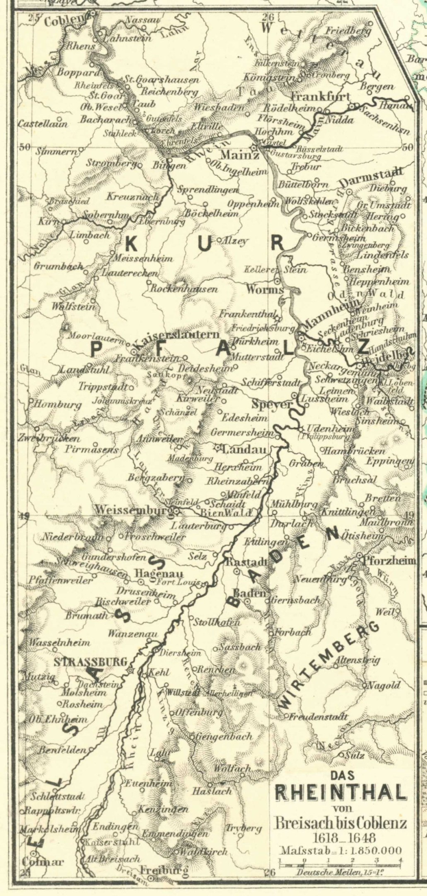 Alte detaillierte Karte des Rheins in Deutschland mit umliegenden Städten und geografischen Merkmalen, einschließlich Text oben und unten.