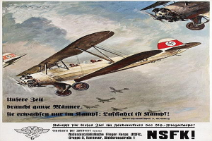 Ein deutsches Weltkriegspropagandaplakat mit einer Gruppe von Kampfflugzeugen in der Luft, mit Text, der die Flugzeuge und ihre Fähigkeiten beschreibt.