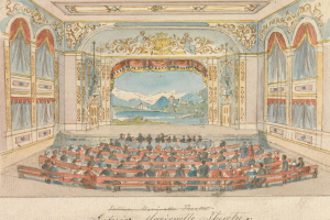 Eine Zeichnung eines Theaterfoyers mit sitzenden Menschen, detaillierten Wanddesigns, einer beleuchteten Decke und dekorativem Text am unteren Rand.