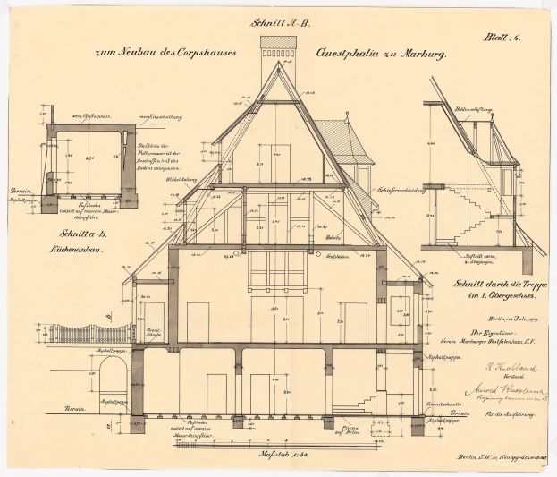 Schwarze und weiße Architekturdarstellung eines Hauses mit zahlreichen Fenstern und einem Dach, beschriftet als erstes Haus Deutschlands, begleitet von detaillierten Bauplänen und Text.
